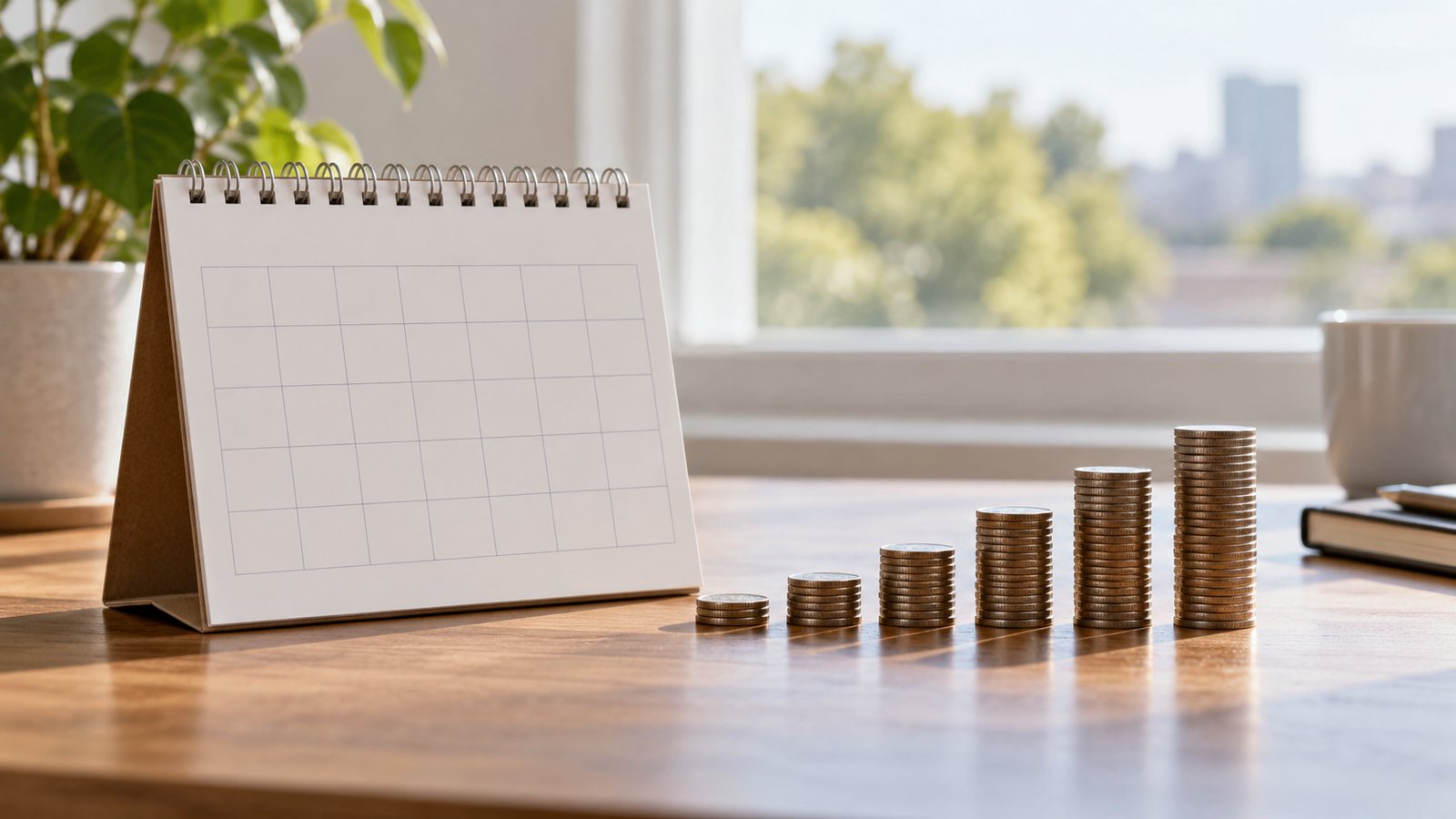 Calendar and coins for a fixed-term deposit (illustrative)