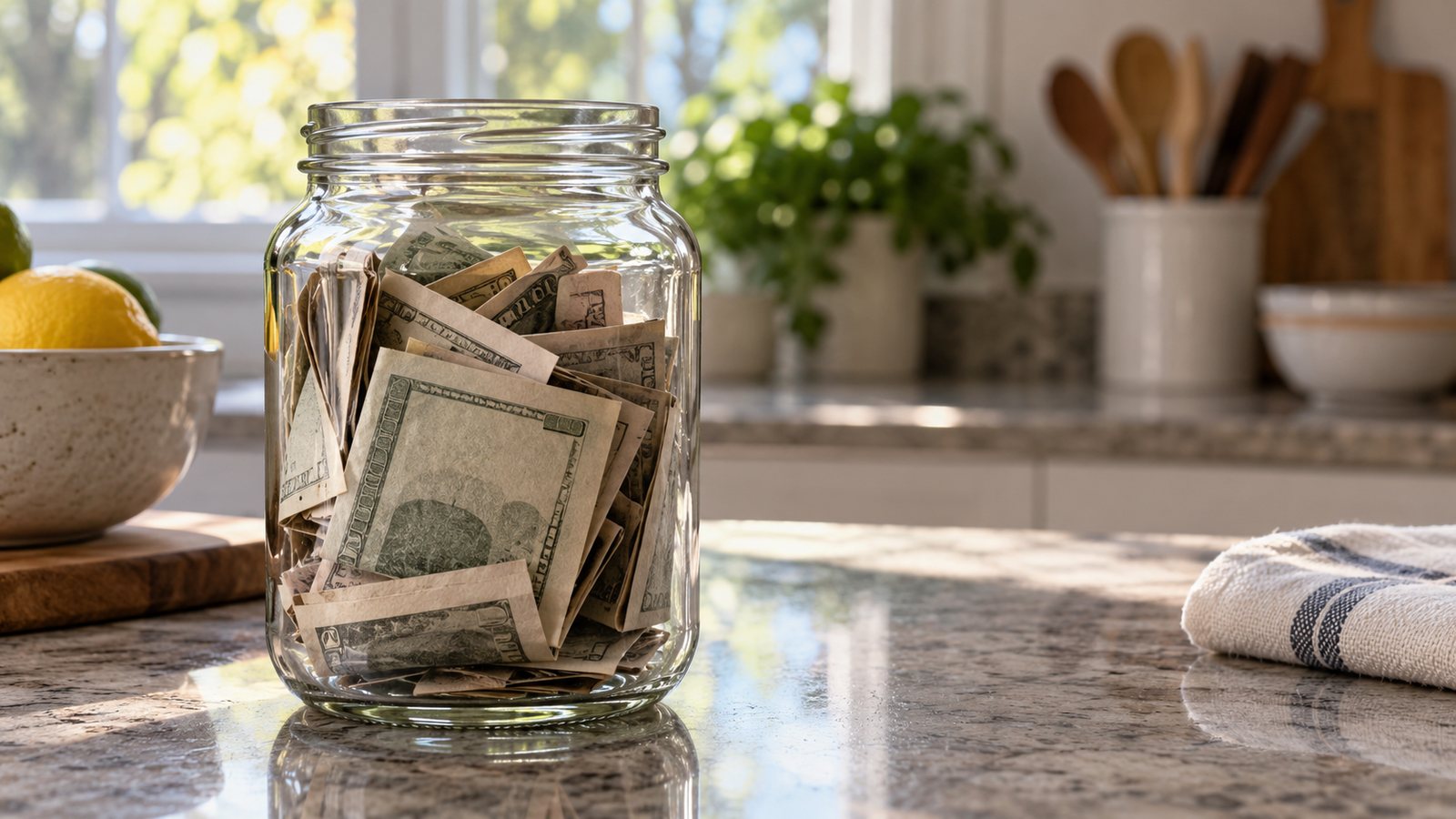 Piggy bank on a kitchen counter (illustrative)